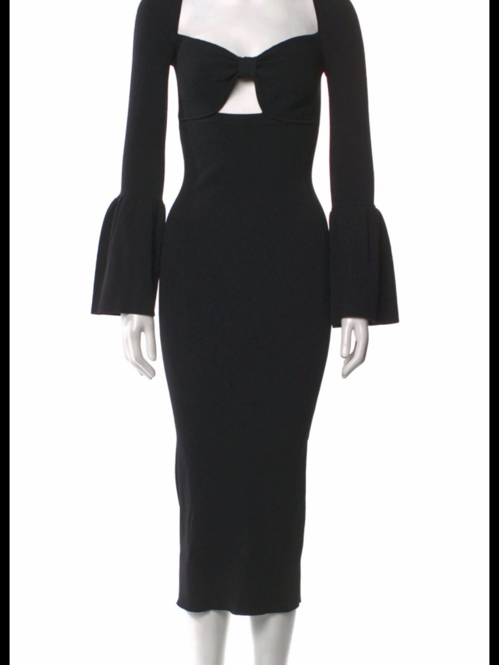 Self-Portrait Size L Ribbed Midi Dress with Cutout & Bell Sleeves - Picture 3 of 7